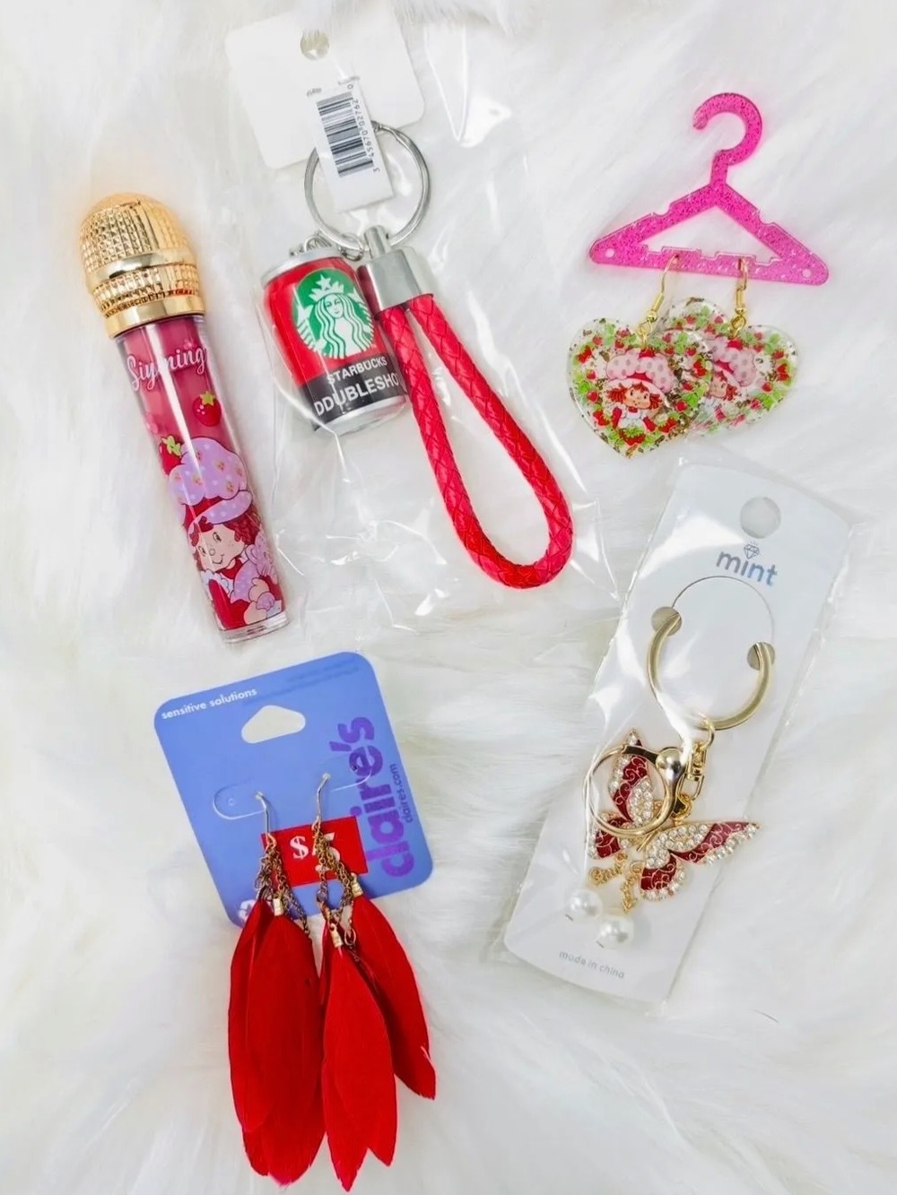 5 PC Strawberry Shortcake Bundle Lip Gloss + Earrings + Keychains
